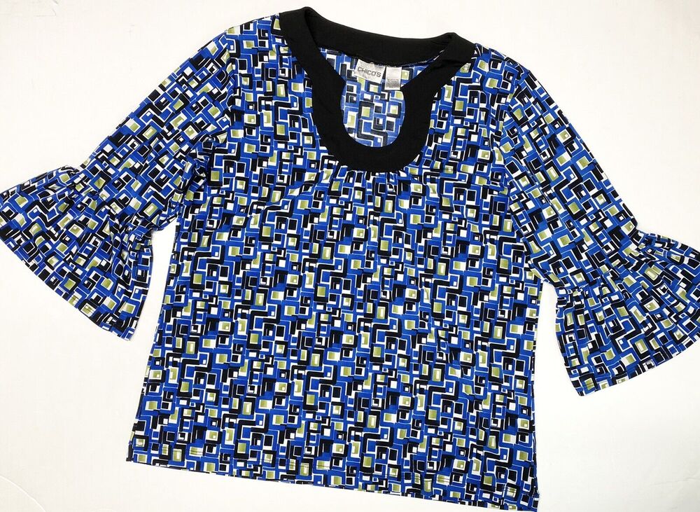 Retro Top Chicos Blouse Sz 3 (US 16 / XL) Womens 3/4 Bell Sleeve Multicolor EUC